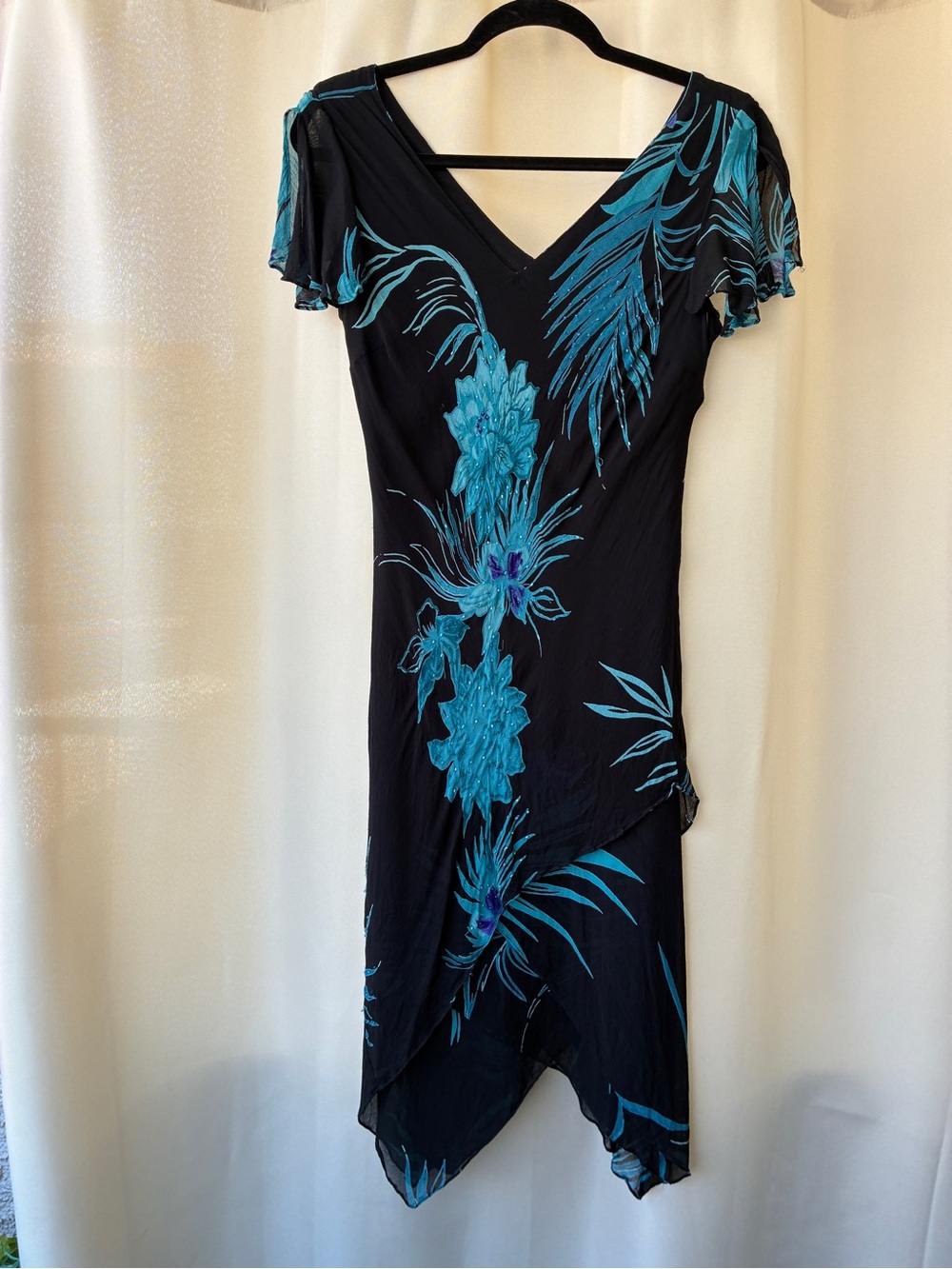 90s/Y2K Beaded Floral Slip Dress Eva Blue Petite Layered Fairy Hem